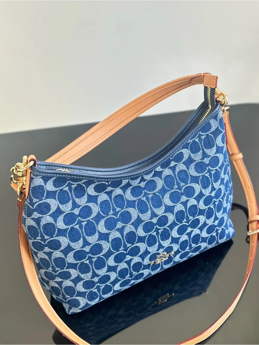 Coach Blue Signature Denim Shoulder Hobo with Tan Leather Strap
